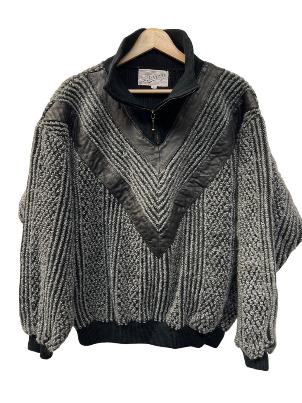 Midway Vintage 80's Quarter Zip Textured Sweater with Leather Trim